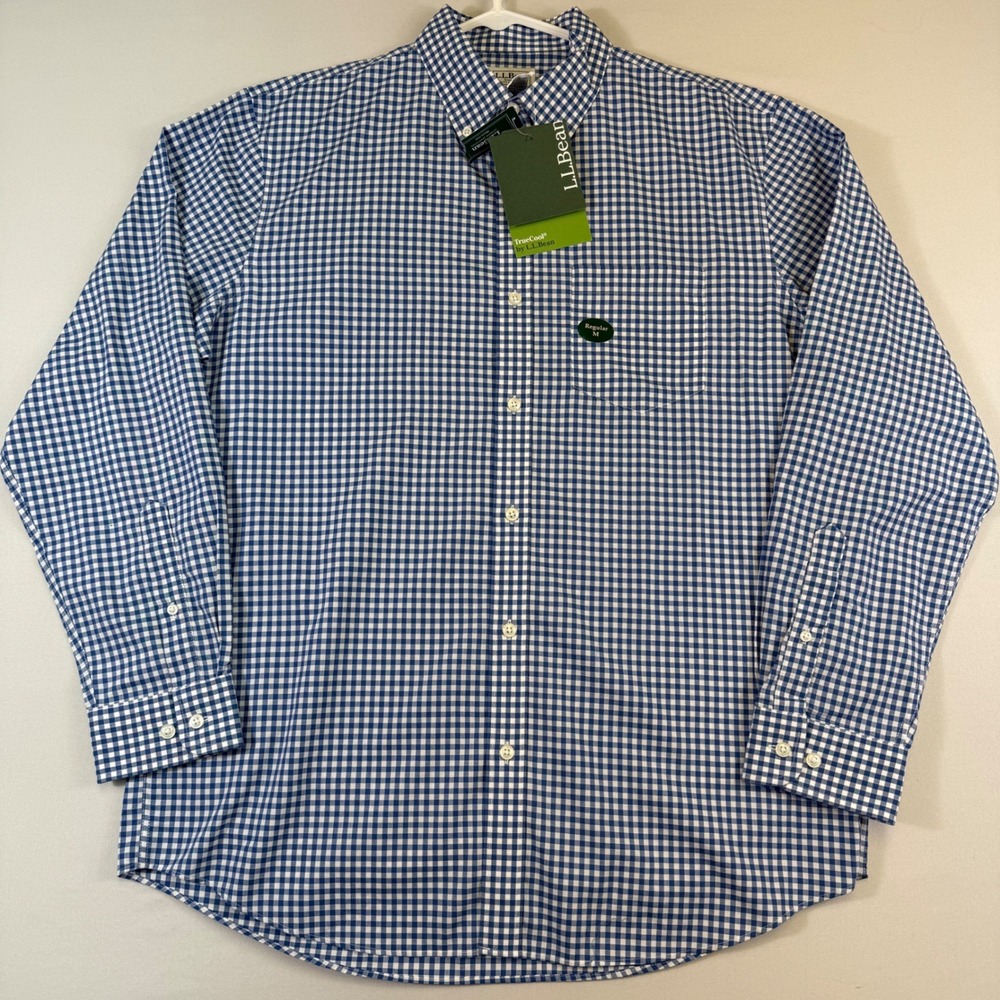 LL Bean Kennebunk Sport Shirt Mens M Blue Gingham TrueCool Wrinkle Free NEW